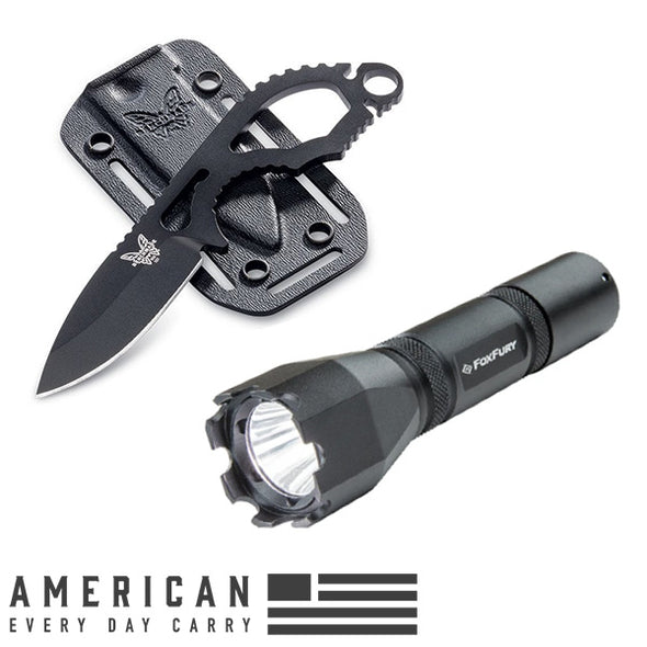 American Everyday Carry EDC Flashlight and knife combo kit. Benchmade 101BK Follow-Up Knife. FoxFury 940-010 MD1 Flashlight