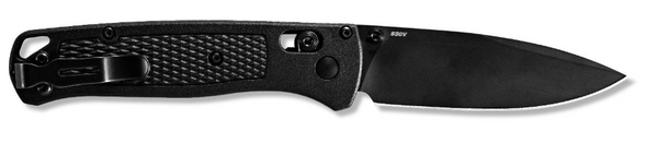 Benchmade 535BK-2 Bugout® Knife plain drop-point blade and reversible mini deep-carry clip view. Benchmade CF-Elite handle technology. Benchmade SKU: 535BK-2