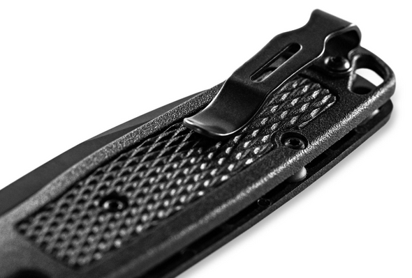 Benchmade 535BK-2 Bugout® Knife features CF-Elite handle technology that is lighter weight. Benchmade SKU: 535BK-2 close up photo of reversible clip