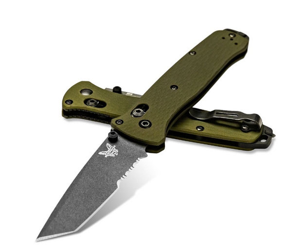 Benchmade 537SGY-1 Bailout® Knife with serrated Tanto blade and woodland green anodized aluminum handles. Benchmade SKU: 537SGY-1