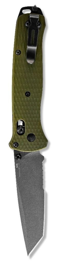 Benchmade 537SGY-1 Bailout® Knife with reversible clip. Serrated Tanto blade and woodland green anodized aluminum handles. Benchmade SKU: 537SGY-1
