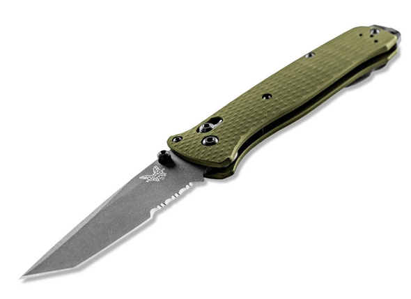 Benchmade 537SGY-1 Bailout® Knife open angled view. Featues a Serrated Tanto blade and woodland green anodized aluminum handles. Benchmade SKU: 537SGY-1