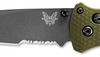 Benchmade 537SGY-1 Bailout® Knife serrated blade close up photo. Serrated Tanto blade and woodland green anodized aluminum handles. Benchmade SKU: 537SGY-1