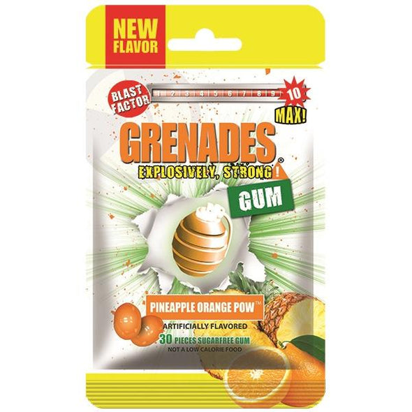 Grenades Gum-Pineapple Orange POW Gum, 30 count bag of sugar free gum. SKU: GREN-POP30