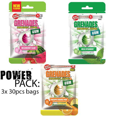 Grenades MelonBerry Slam Sugar Free Gum, 30 count Bag. Grenades Wild Mint Gum, 30 count Bag. Grenades Pinapple Orange POW Gum, 30 count bag.