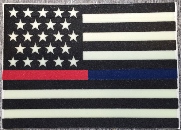 IdentiFire® Gen 2 Thin Red/Blue Line Combo Flag Decal - Glow in the Dark Thin Red Line Flag Sticker, Glow in the Dark Thin Blue Line Flag Sticker. IdentiFire Safety Products, Best Thin Redline Sticker. Best Thin  Blueline Sticker. Made in USA flag stickers. IdentiFire Safety 4" Decal