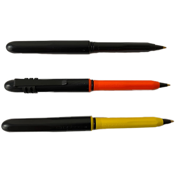 Pokka Pens, 3 pack includes; Blakk/Yellow, Blakk, Blakk/Blaze Orange Colors. 3 Pack with one Pokka Klip Accessory. Waterproof EDC pen. Lightweight, compact pen designed for Everyday Carry. American made EDC Pen!