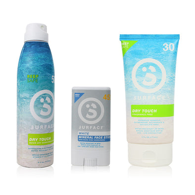 Surface Sunscreen 3 Pack - SPF50 Dry Touch Spray, SPF30 Dry Touch Lotion, SPF45 Zinc Face Stickck
